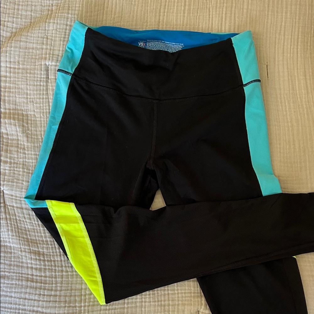 Victoria's Secret Black Leggings with Turquoise and Neon Yellow Accents